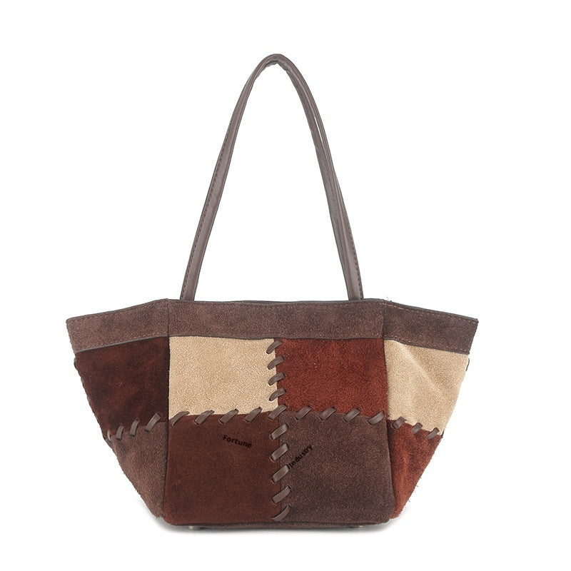 Patchwork Shoulder Bag in First-Layer Cowhide Leather