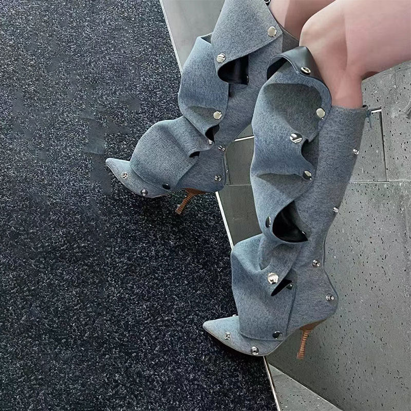 Denim Stitching Casual Two-way Pile Style Knee-length Boots