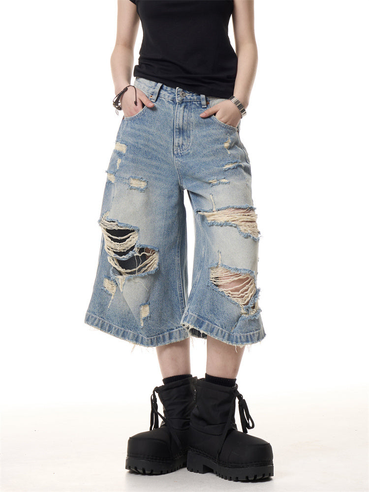 Retro Worn Looking Washed-out Ripped Cat Beard Denim Shorts