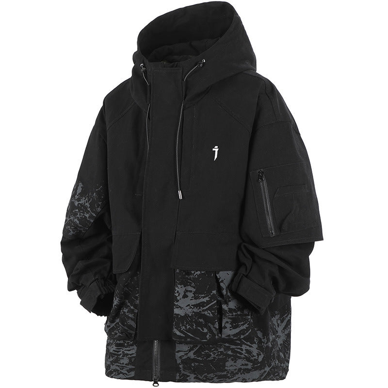 Large Pocket Inkjet Printing Hooded Jacket Men's Coat