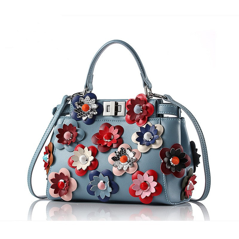 Floral-Appliqué Structured Top Handle Bag