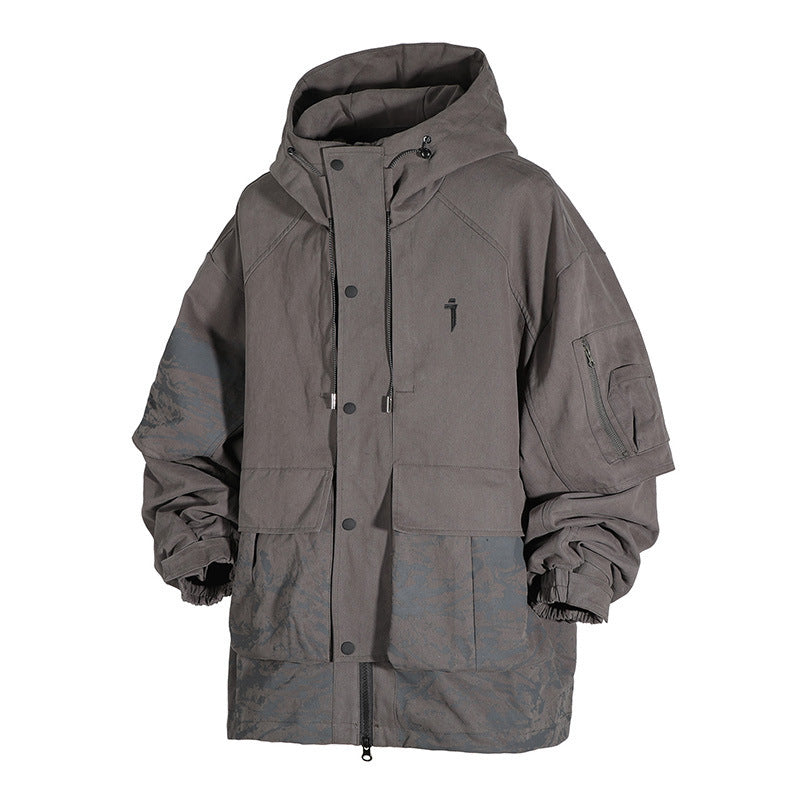 Large Pocket Inkjet Printing Hooded Jacket Men's Coat