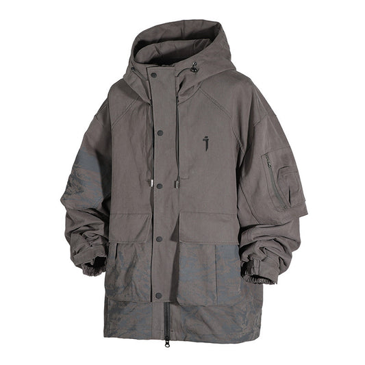 Large Pocket Inkjet Printing Hooded Jacket Men's Coat