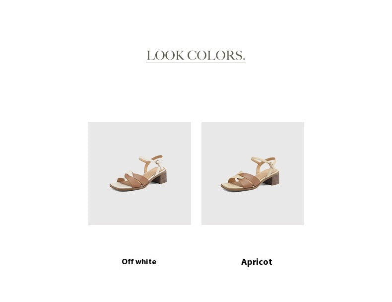 First-Layer Cowhide Low-Heel Sandal – Dual Strap Structure