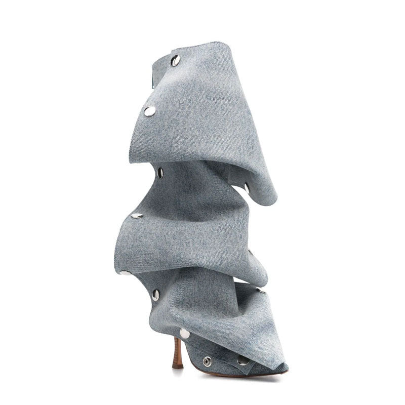 Denim Stitching Casual Two-way Pile Style Knee-length Boots