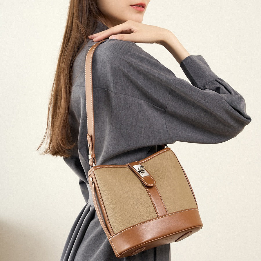 Two-Tone Structured Bucket Bag in First-Layer Cowhide