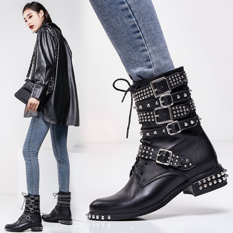 Studded Cowhide Leather Buckle Ankle Boots