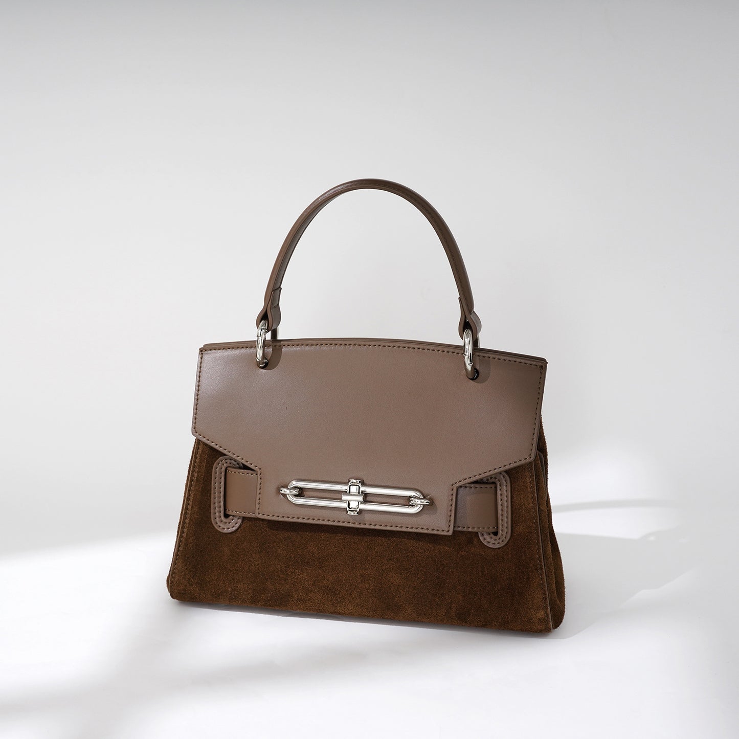 Structured Top-Handle Bag in Matte Cowhide with Suede Panel