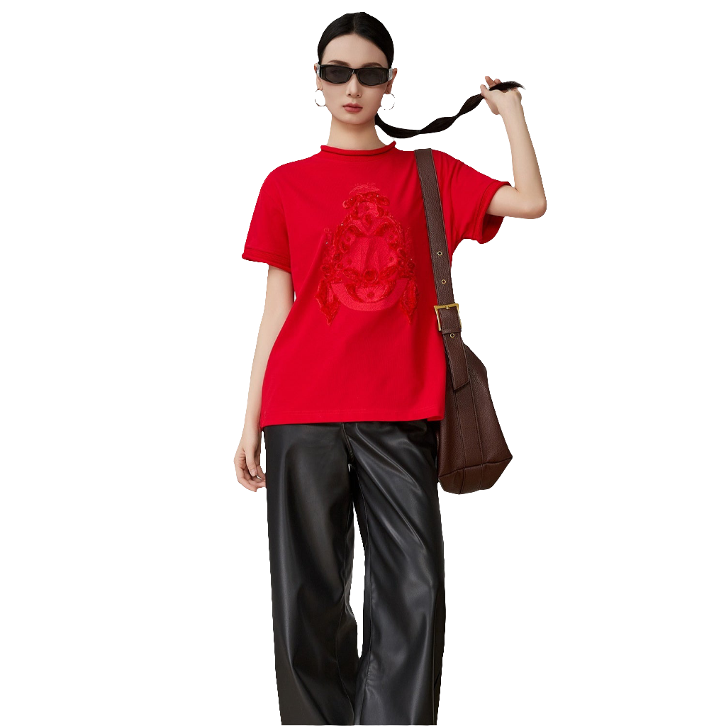 New modern Style Red Embroidery Curling Shoulder T-shirt For Women