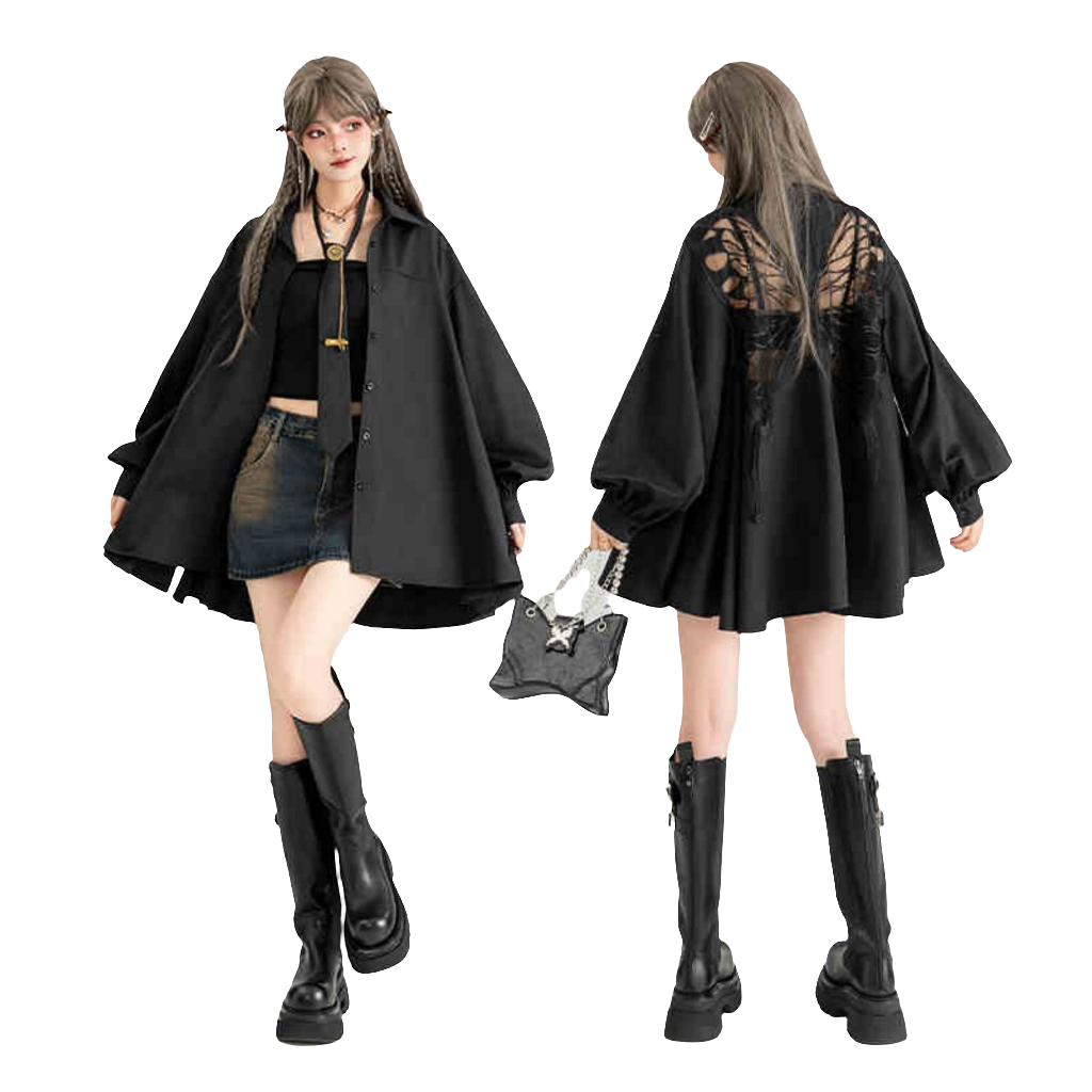 Butterfly Embroidered Black Long Sleeve Shirt