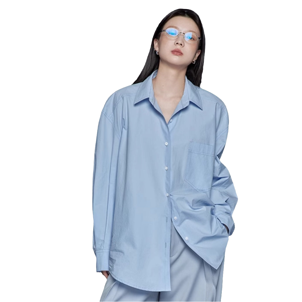 Women's Loose Blue Minimalist Long Sleeve Shirt