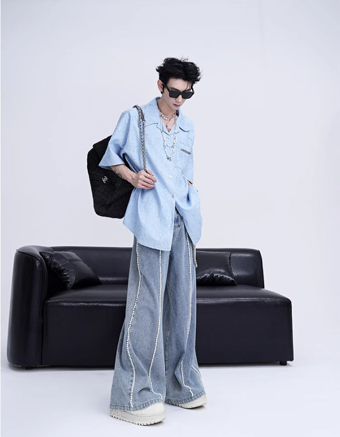 Niche Design Pleated Textured Short Shirt Men's Tops