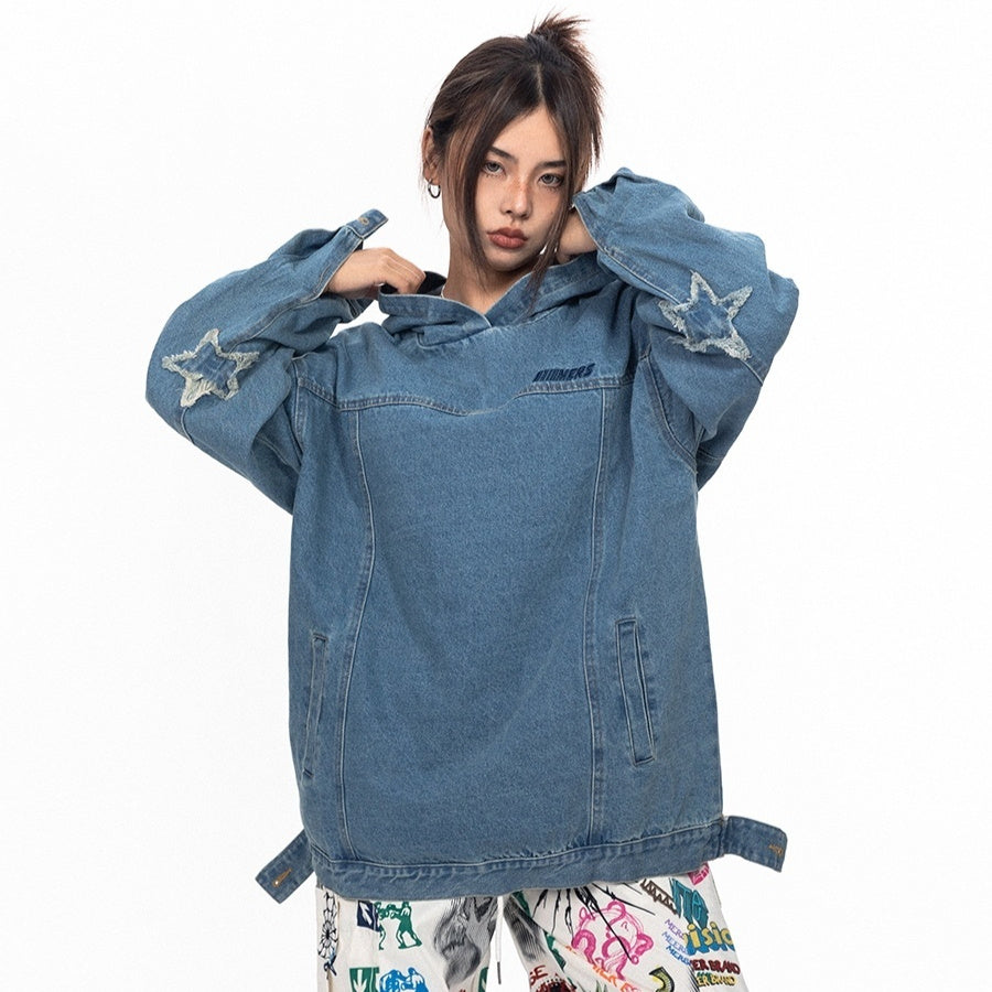 Retro Washed Loose Hooded Denim Top
