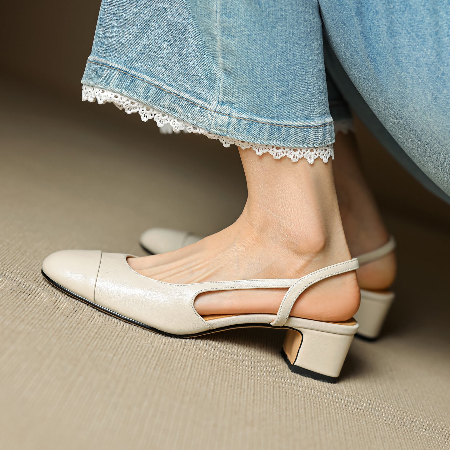 Slingback Mid-Heel Shoe – First-Layer Cowhide with Pigskin Insole