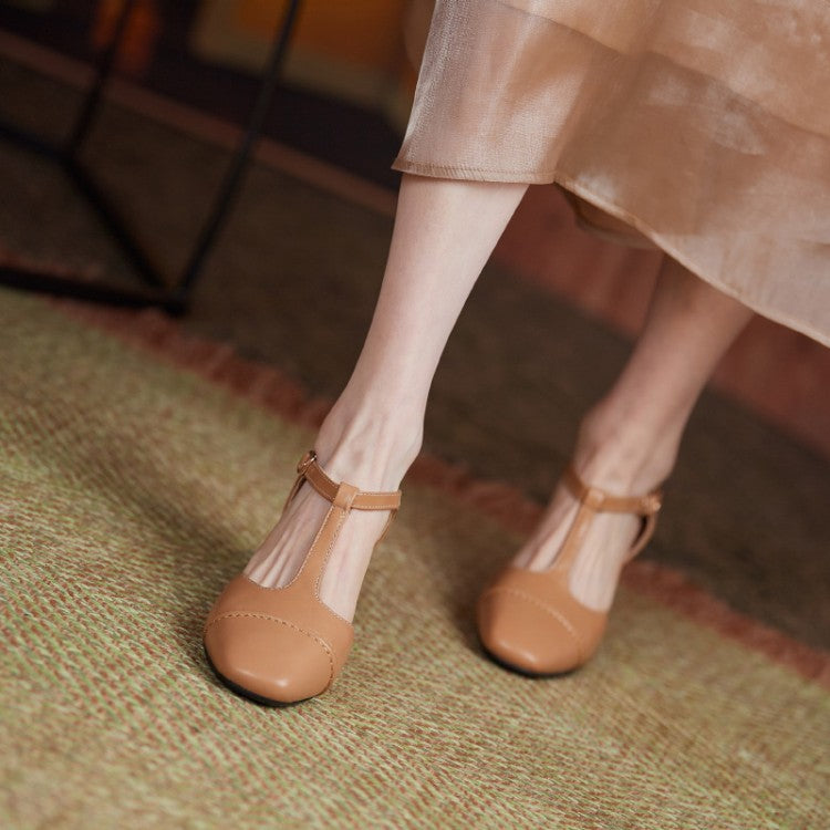 Genuine Leather T-Strap Block Heel — Everyday Structure Edition