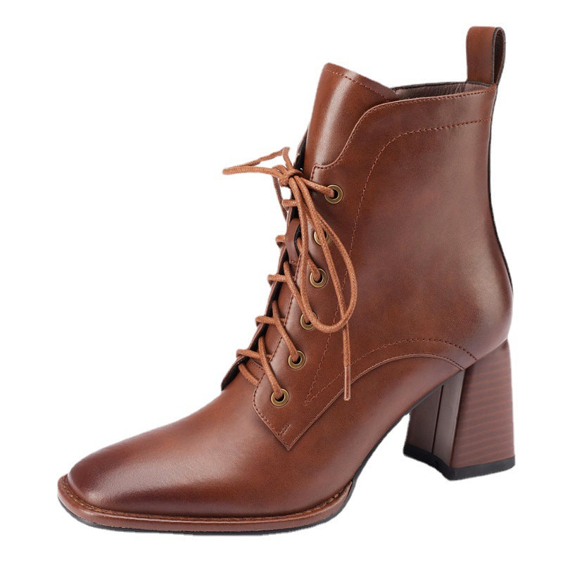 First-Layer Cowhide Block-Heel Lace Boots