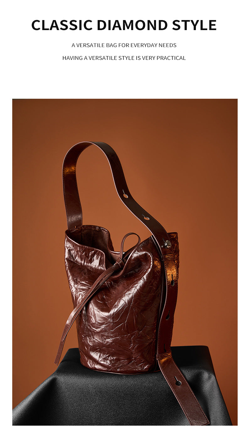 Crinkled Cowhide Bucket Shoulder Bag