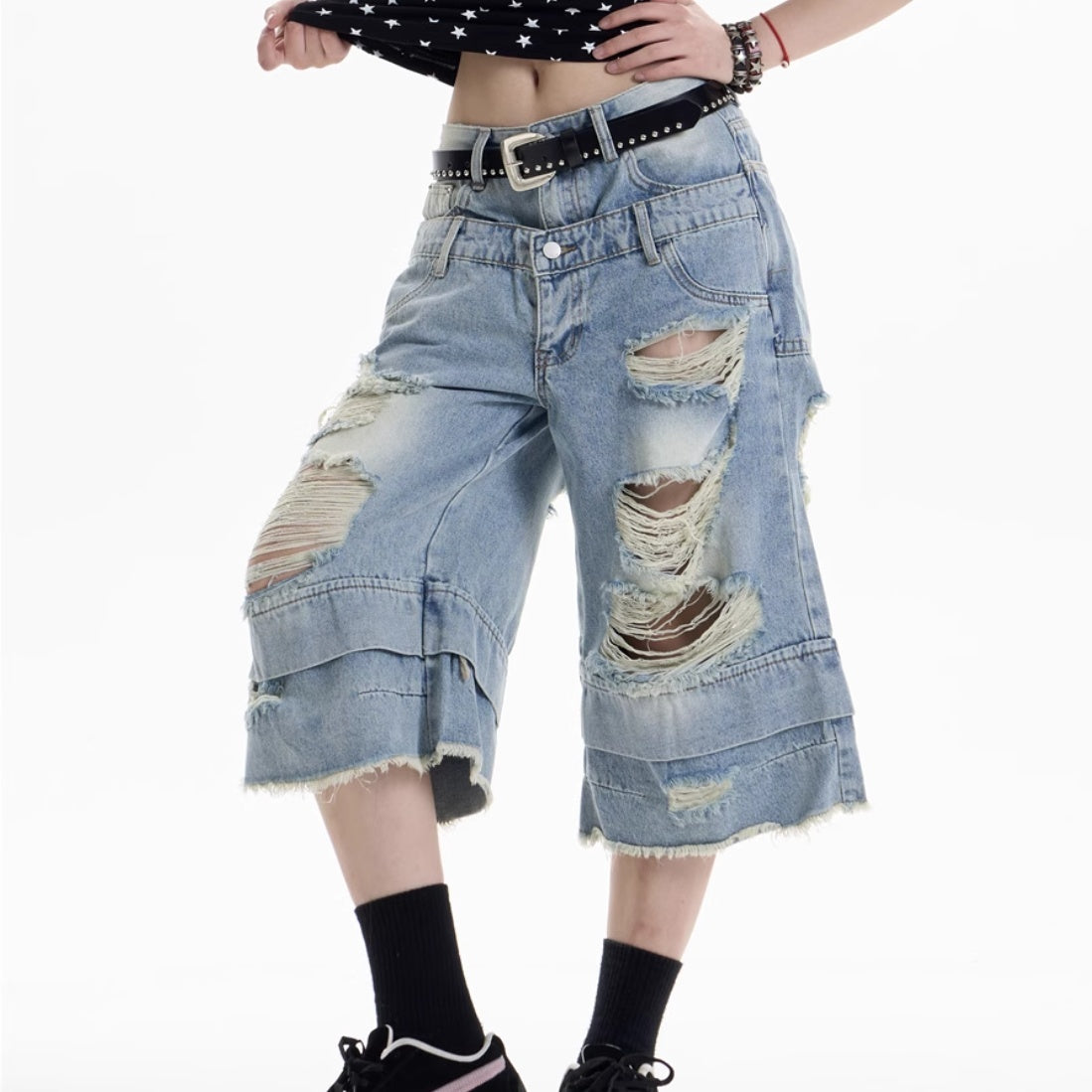 Ripped Denim Cropped Pants Women's Double Waist Loose Shorts
