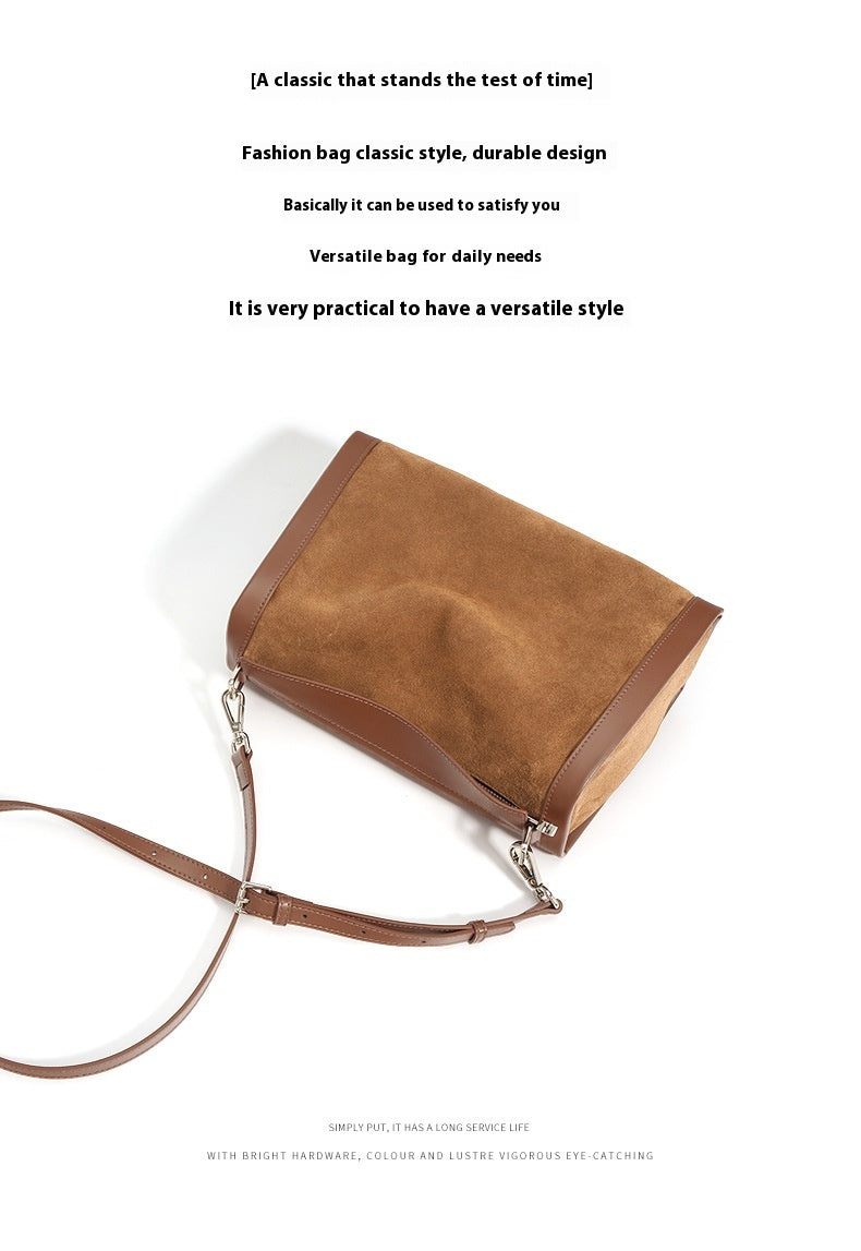 Structured Cowhide Shoulder Bag with Suede Panel