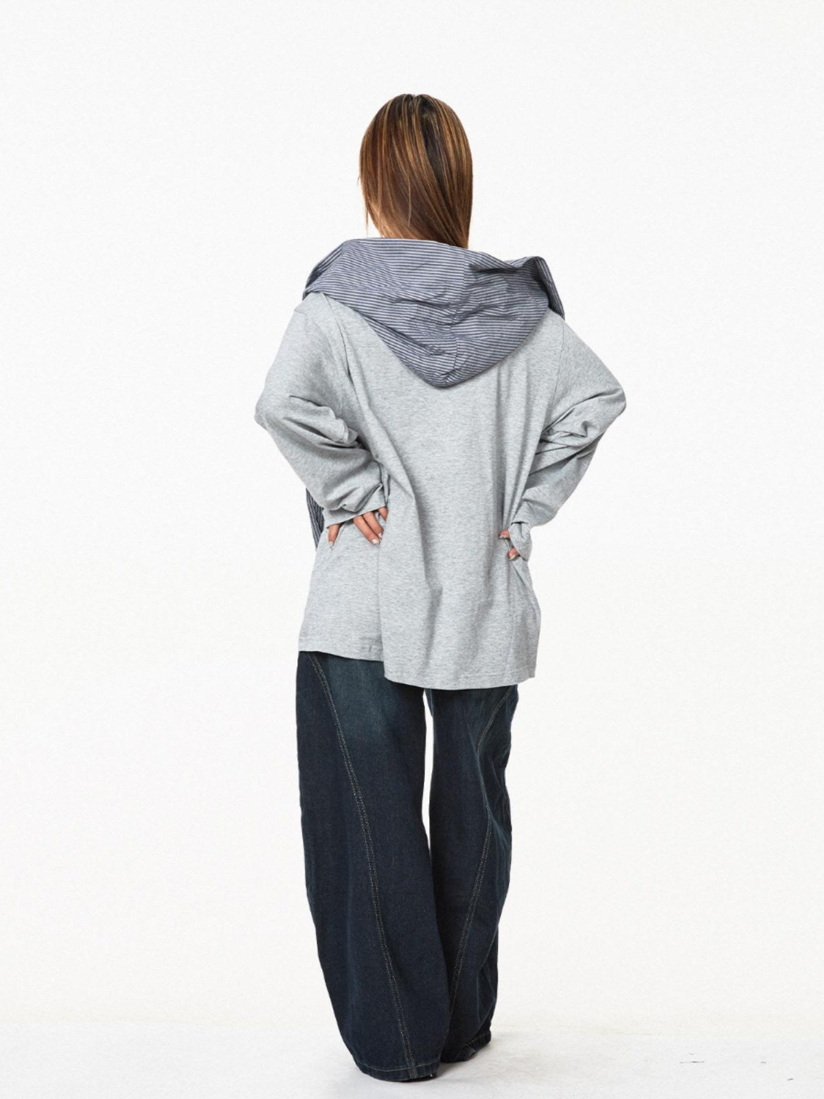 Retro Fake Two-piece Hooded Plaid Shawl Casual Long Sleeve T-shirt Top