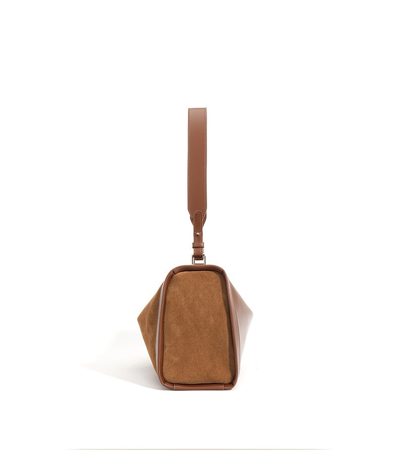 Structured Cowhide Shoulder Bag with Suede Panel