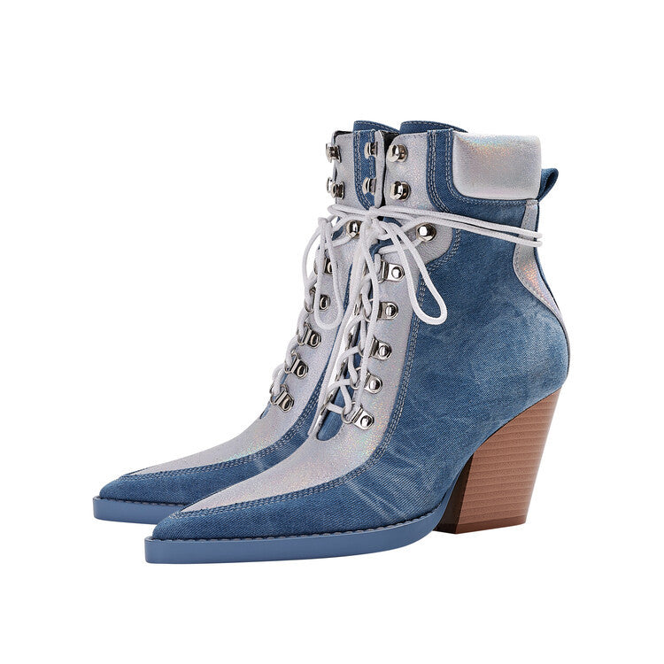 Denim Lace-Up Heeled Ankle Boots