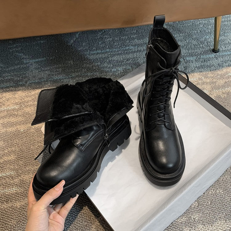 Structured Cowhide Combat Boots with Sheepskin Lining