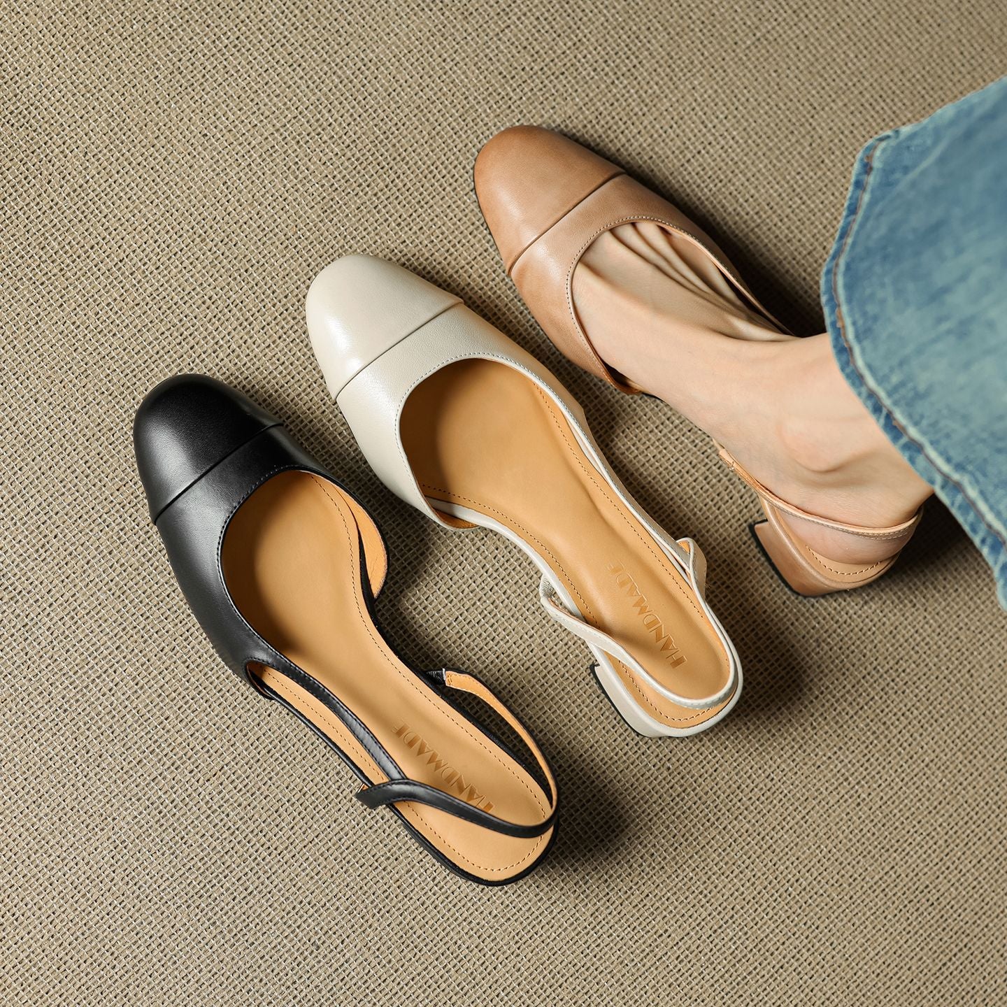 Slingback Mid-Heel Shoe – First-Layer Cowhide with Pigskin Insole