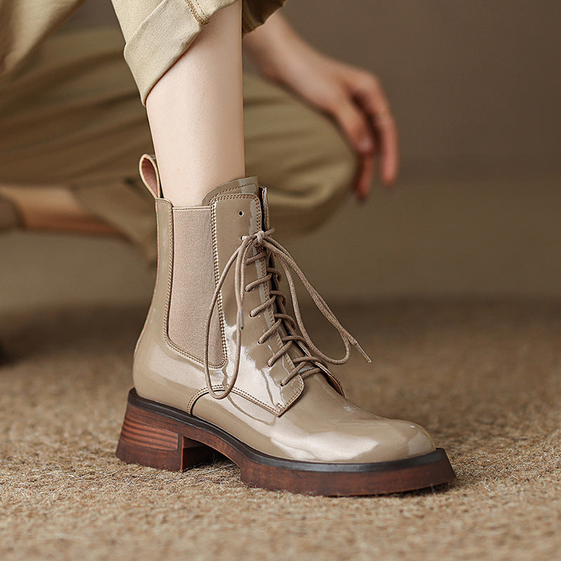 Gloss-Finish Cowhide Lace-Up Ankle Boots