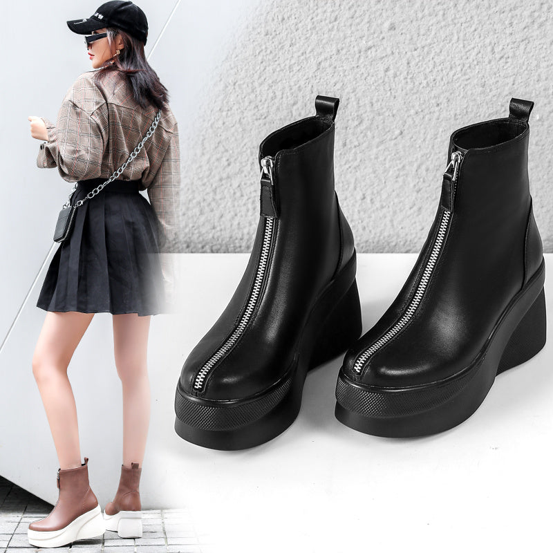 Short Boots Leather All-match Wedge Heel