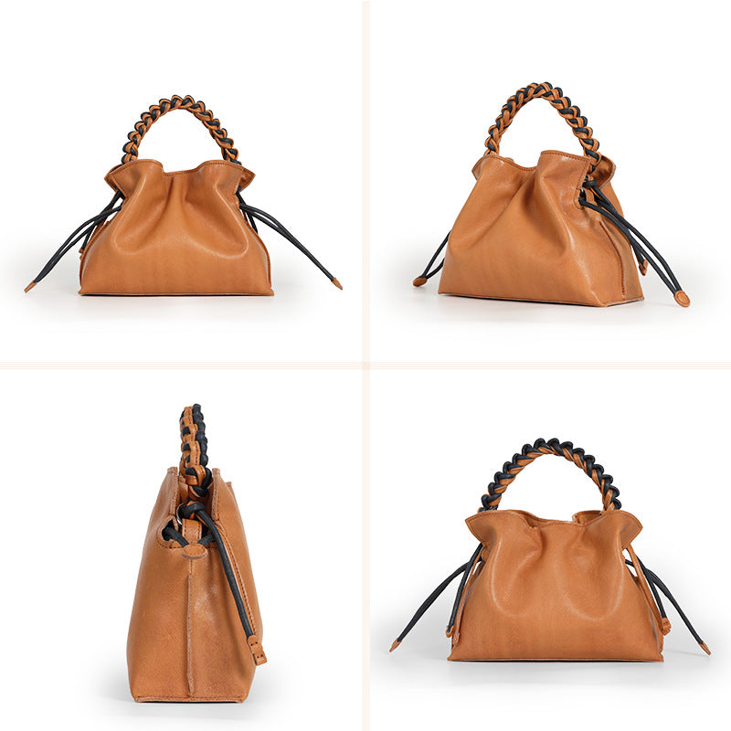 Braided-Handle Drawstring Bag in First-Layer Cowhide Leather