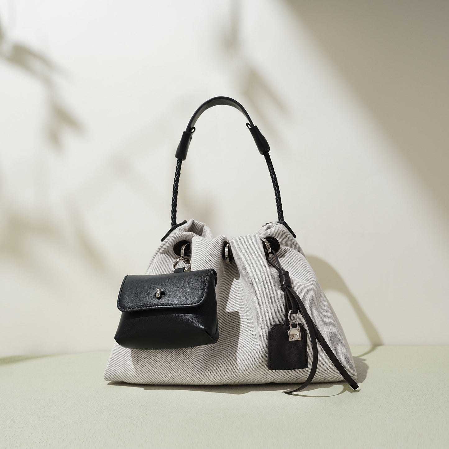 Canvas Drawstring Bucket Bag with First-Layer Cowhide Trim —