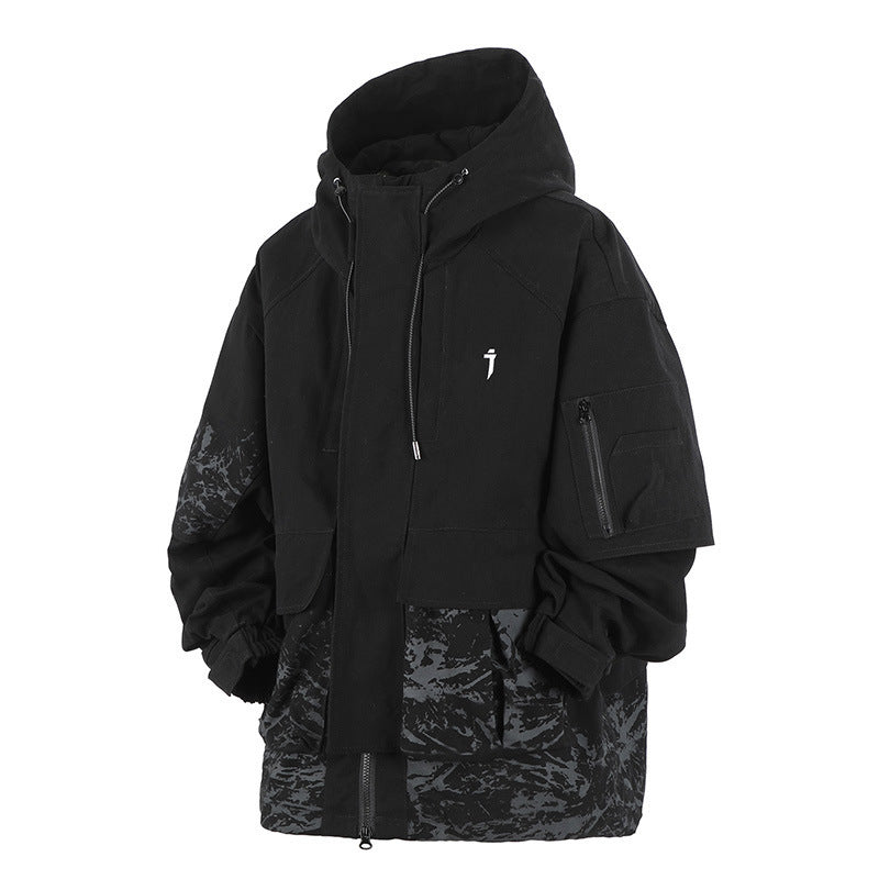 Large Pocket Inkjet Printing Hooded Jacket Men's Coat