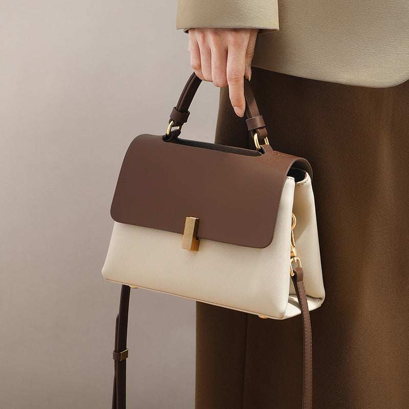 Structured Two-Tone Top-Handle Bag — First-Layer Cowhide Leather