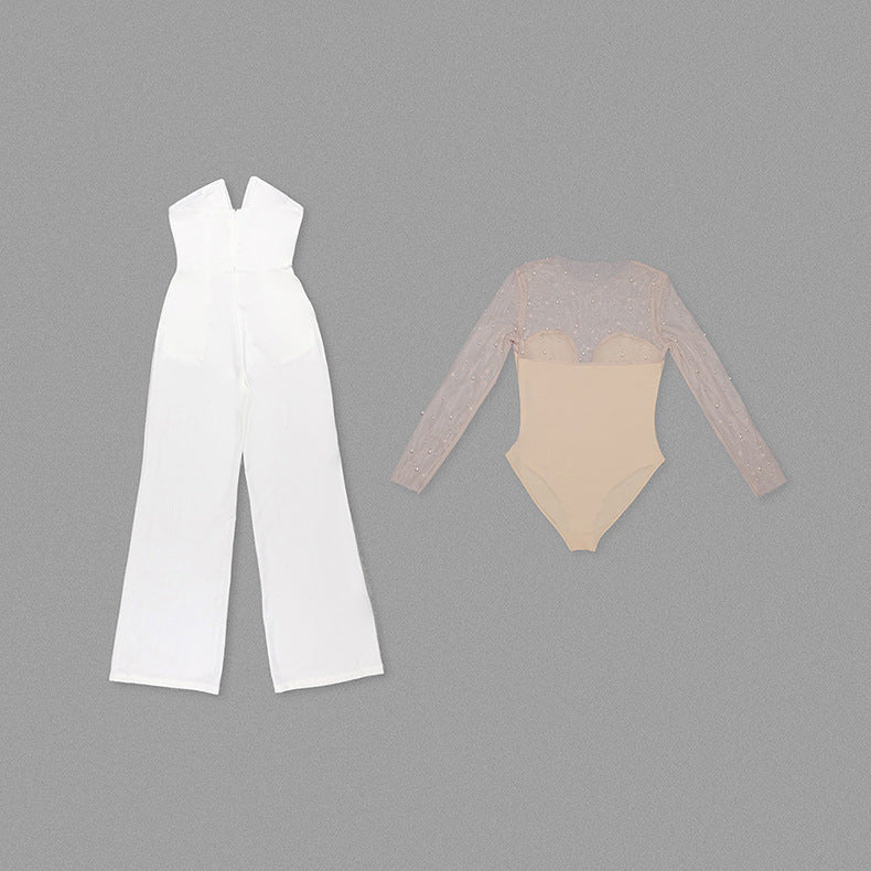 Foam Mesh Top Jumpsuit Casual Suit