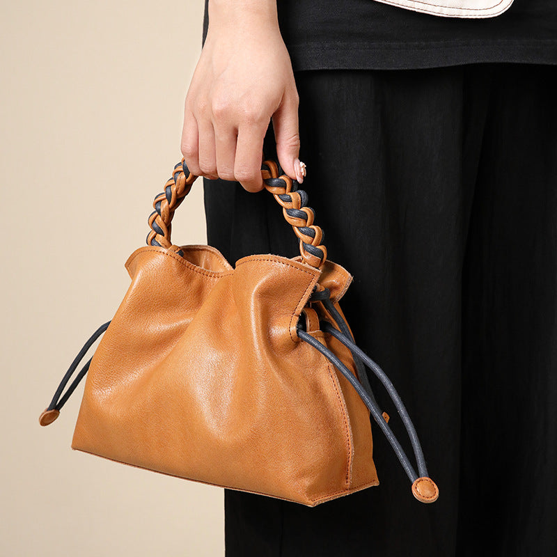 Braided-Handle Drawstring Bag in First-Layer Cowhide Leather