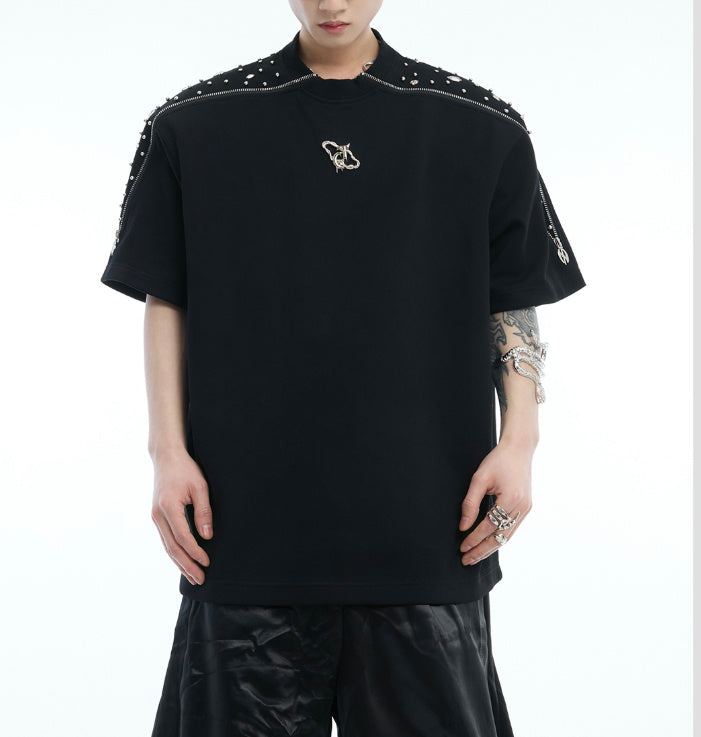 Niche Exquisite Rhinestone Metal Zipper Design Short Sleeve