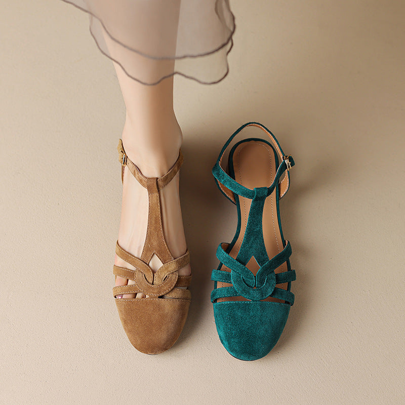 T-Strap Block Heel Sandal – First-Layer Cowhide