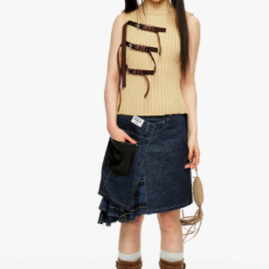 Splicing Irregular Half Skirt, Women's Fringed Twill Mid Skirt