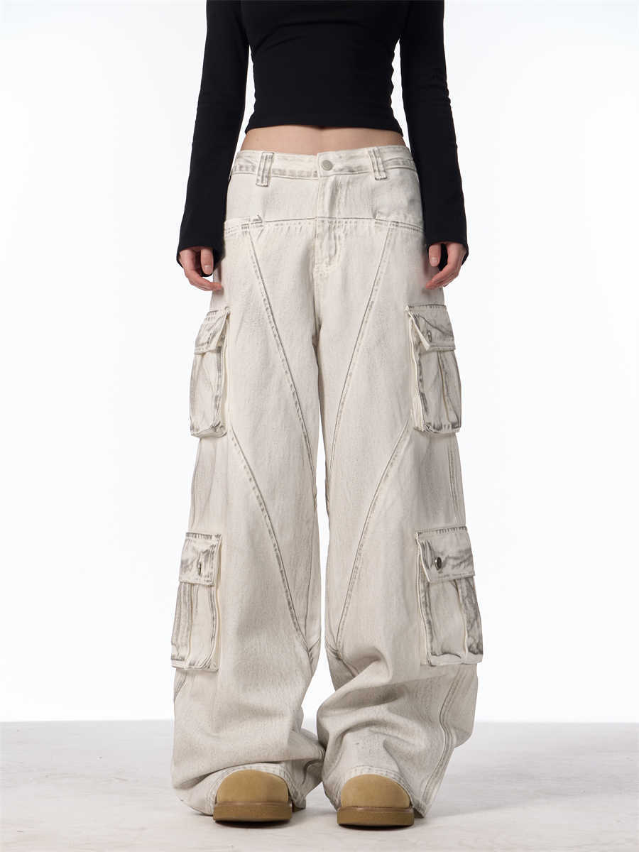 Retro Multi-pocket Cargo Pants Women's Loose Wide Leg Straight Casual Trousers