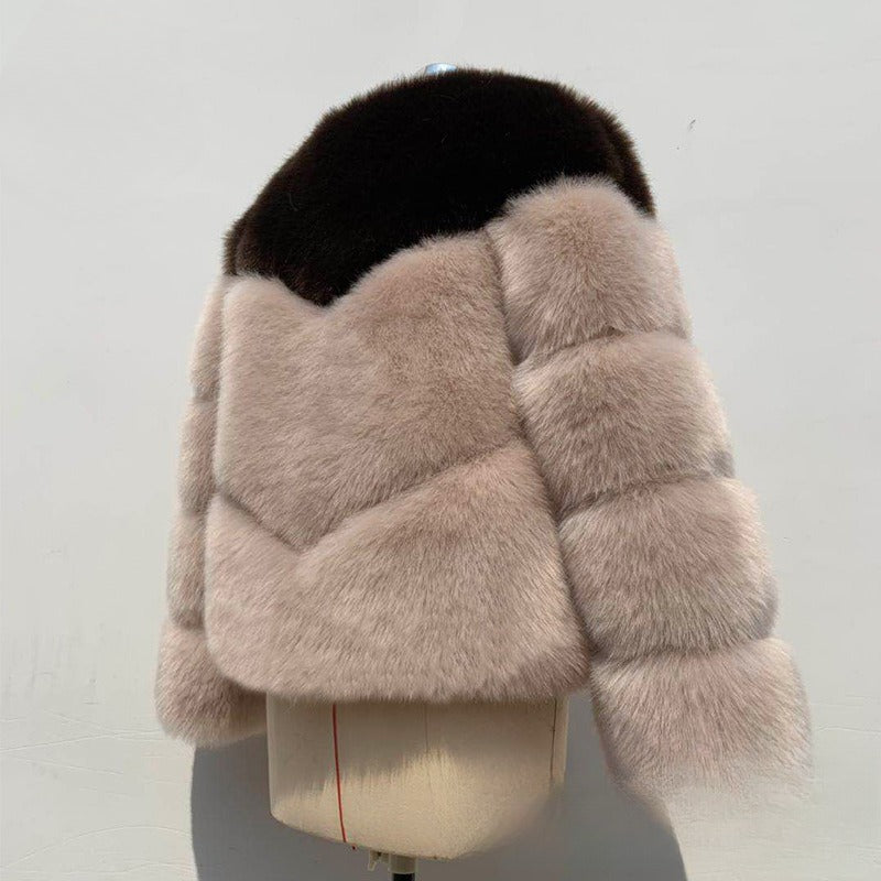 Color Matching Korean Casual Fox Fur Overcoat