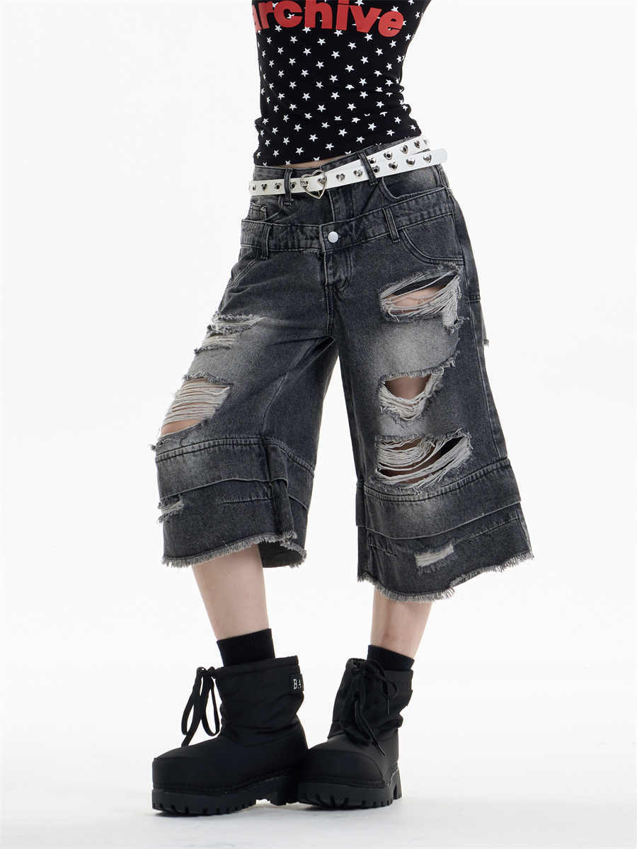 Ripped Denim Cropped Pants Women's Double Waist Loose Shorts