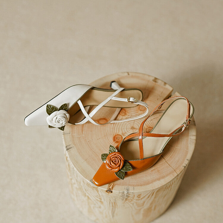 Pointed Slingback Heel with Leather Rose – First-Layer Cowhide