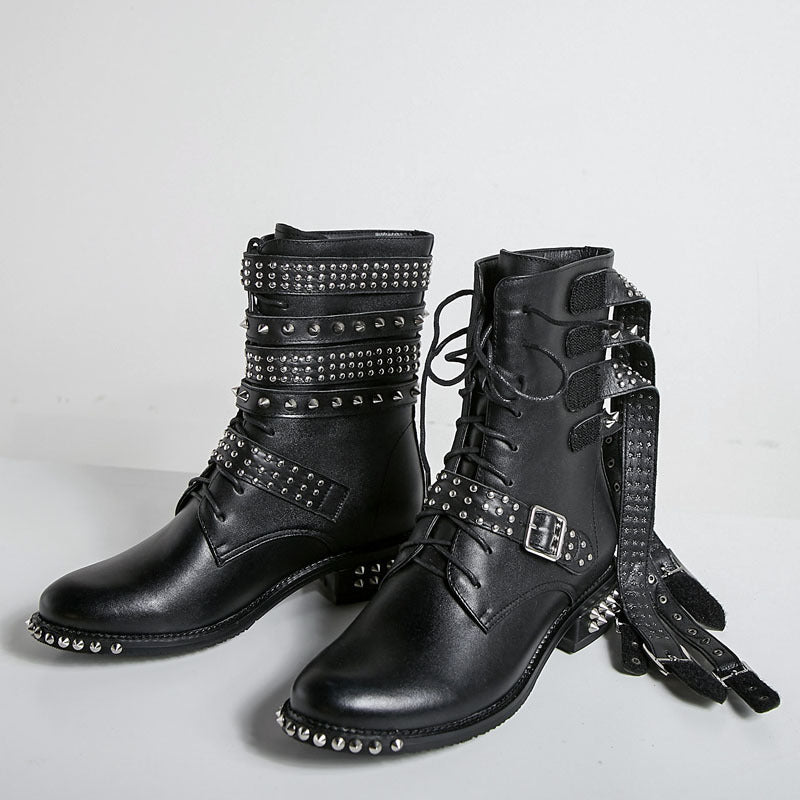 Studded Cowhide Leather Buckle Ankle Boots