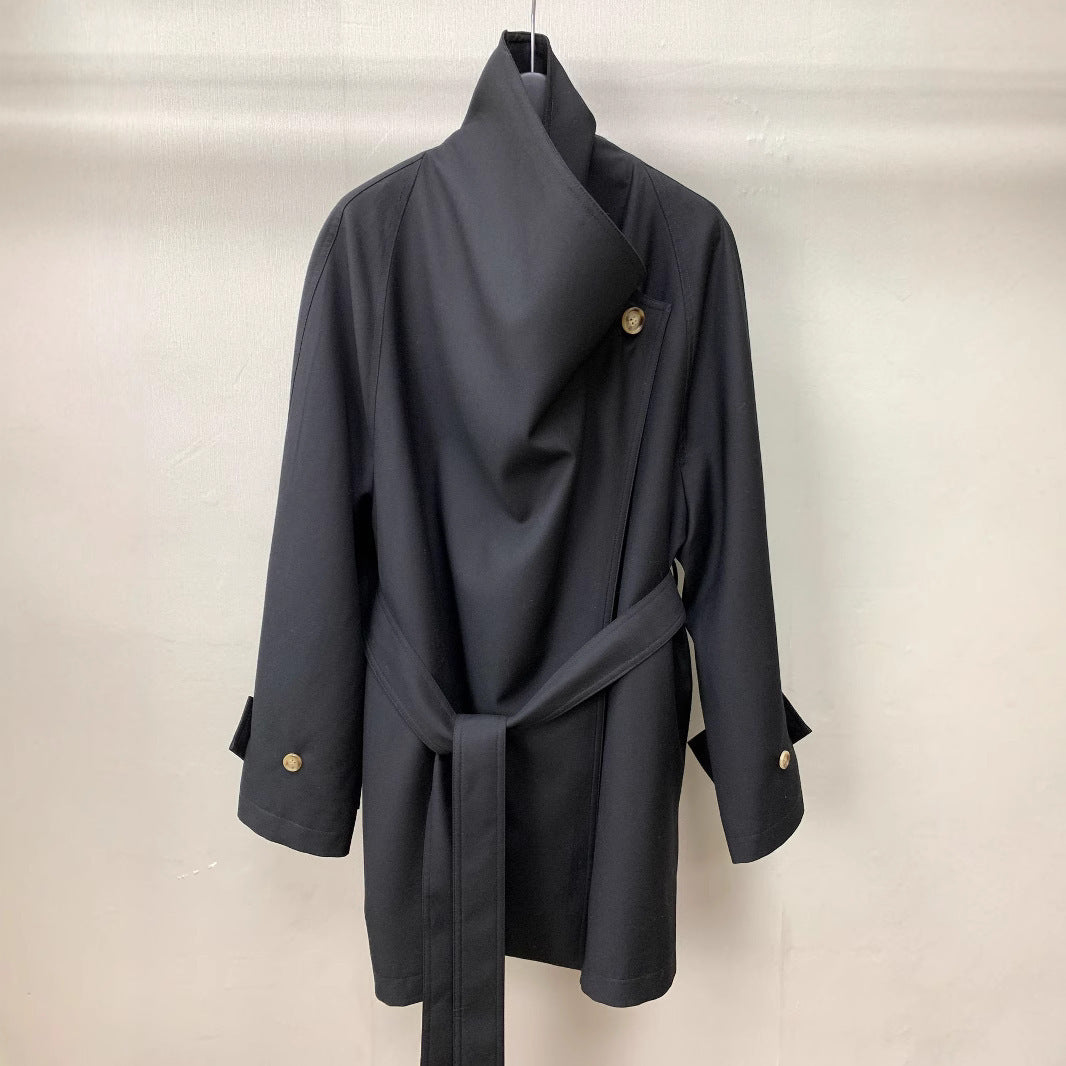 Loose Profile Commute Minimalist Black Large Lapel Design Trench Coat
