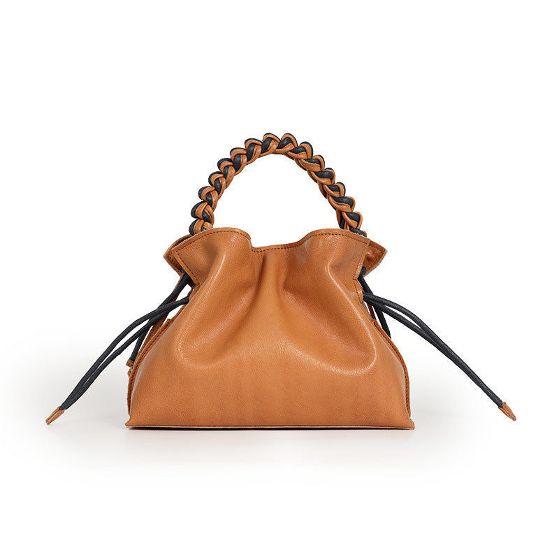 Braided-Handle Drawstring Bag in First-Layer Cowhide Leather