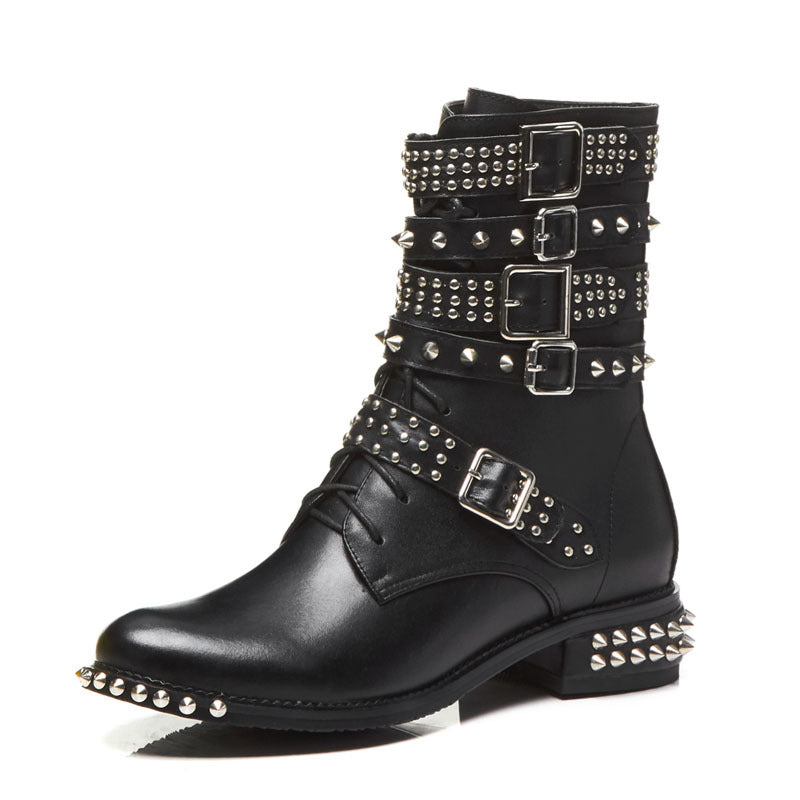 Studded Cowhide Leather Buckle Ankle Boots