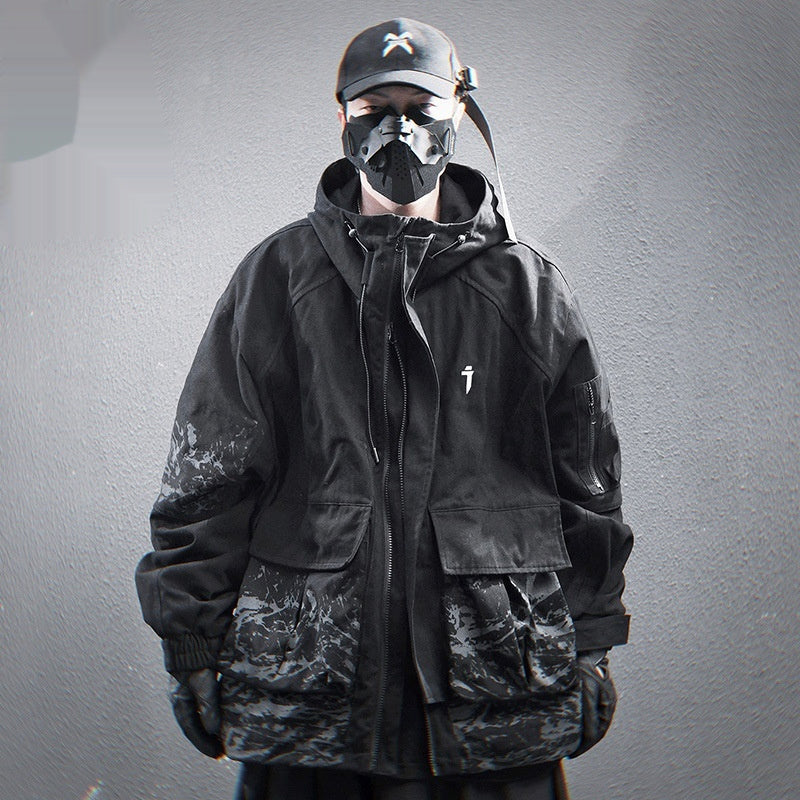 Large Pocket Inkjet Printing Hooded Jacket Men's Coat