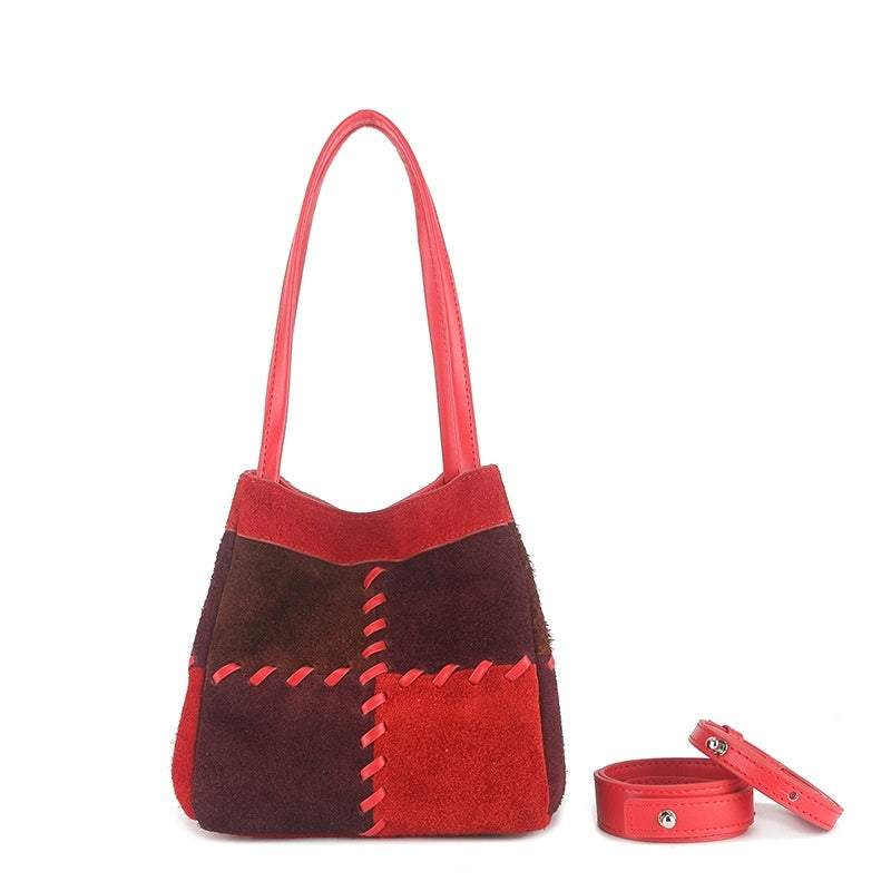 Patchwork Shoulder Bag in First-Layer Cowhide Leather
