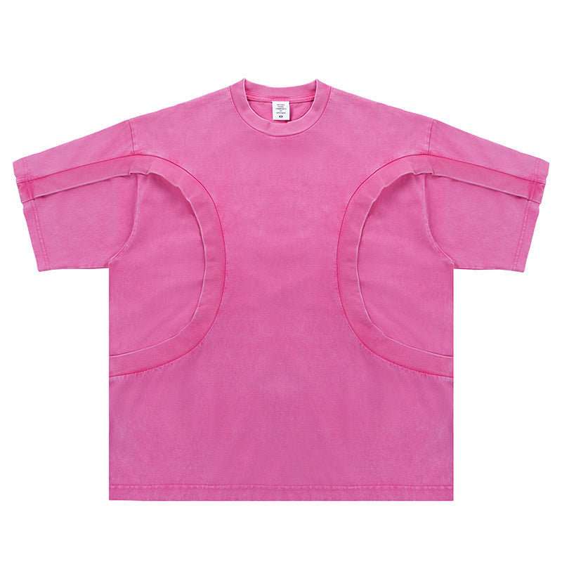 Stitching Deconstruction High Street European And American Solid Color Loose Round Neck Short Sleeve T-shirt